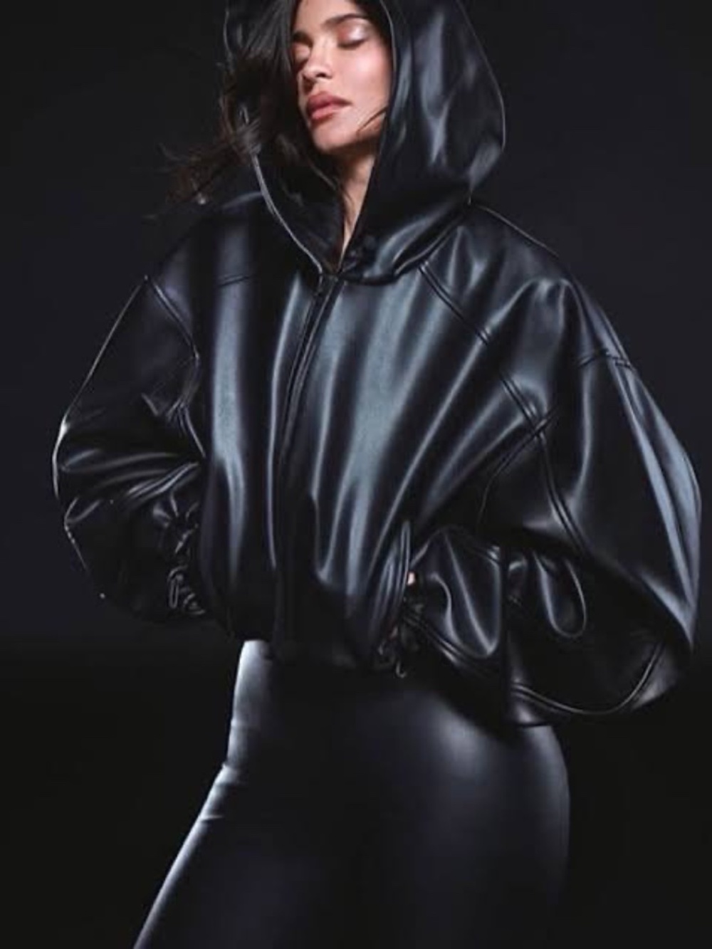 Khy Faux Leather Hooded Cropped Jacket Black Size M NWT